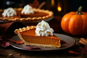A slices of homemade pumpkin pie with whipped cream, a quintessential dessert for Thanksgiving. Generative Ai photo
