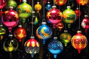 Vibrant, oversized Christmas ornaments for a lively and energetic advertising banner. Generative Ai photo