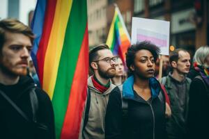 People participating in an anti-discrimination campaign, with visuals that emphasize promoting tolerance and acceptance. Generative Ai photo