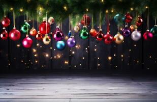 Vibrant, oversized Christmas ornaments for a lively and energetic advertising banner. Generative Ai photo