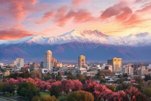 paisaje urbano de el ciudad con nieve tapado montañas en el fondo, panorama von santiago, Chile mit andenkordillere, ai generado foto