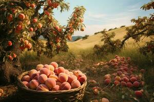 Harvest of ripe peaches in a basket on the background of the peach tree, peaches in the farm field, AI Generated photo