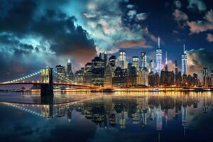 nuevo York ciudad horizonte a noche con reflexión en agua, EE.UU, panorámico ver en Manhattan a noche, nuevo york, EE.UU, ai generado foto