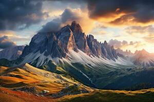 Panoramic view of Dolomites mountain range, Italy, Panoramic view of the Dolomites. Italy, Europe, AI Generated photo