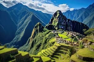 panorámico ver de machu picchu, Perú, sur America, visión de conjunto de machu picchu, agricultura gradas y wayna picchu pico en el fondo, ai generado foto