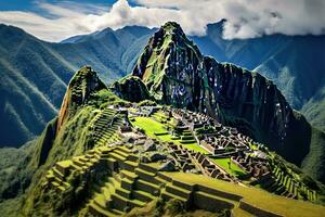 machu picchu es un inca arqueológico sitio en Perú, visión de conjunto de machu picchu, agricultura gradas y wayna picchu pico en el fondo, ai generado foto