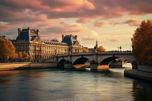 Pont Delaware la estrella a puesta de sol en París, Francia, París Francia con río jábega - increíble viaje fotografía, ai generado foto