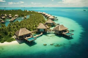 Tropical island with water bungalows at Maldives, Perfect aerial landscape, luxury tropical resort or hotel with water villas and beautiful beach scenery, AI Generated photo