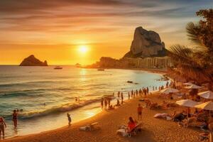 Sunset at the beach in Niteroi, Rio de Janeiro, Brazil, Picturesque view of Cala d'Hort tropical Beach, people hangout in beautiful beach with Es Vedra rock view during, AI Generated photo