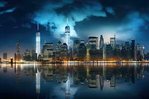 llevar a la fuerza horizonte a noche con reflexión en huangpu río, porcelana, panorámico ver en Manhattan a noche, nuevo york, EE.UU, ai generado foto