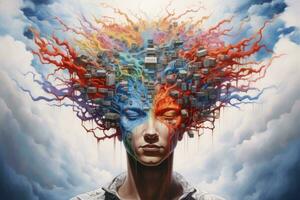 3D rendering of a woman's face with a lot of colorful thoughts, Paradigm of Mind Painting, AI Generated photo