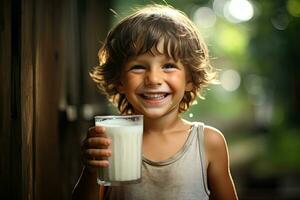 linda pequeño chico con vaso de Leche en borroso fondo, de cerca, Perfecto niños sonrisa, contento chico con hermosa blanco Leche con dientes sonrisa, ai generado foto