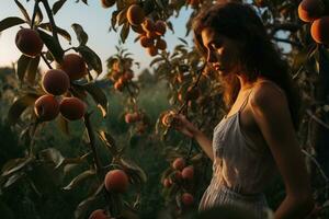 retrato de un hermosa joven mujer en un antecedentes de un huerta, duraznos en el granja campo, ai generado foto