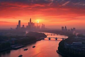 Panoramic view of the city of London at sunrise, UK, Photo of London skyline at sunrise, AI Generated