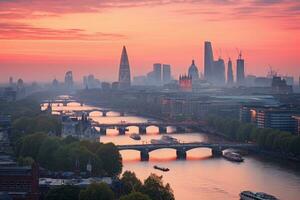 Panoramic view of the city of London at sunset, UK, Photo of London skyline at sunrise, AI Generated