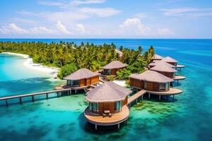 Beautiful tropical Maldives resort hotel and island with beach and sea, Perfect aerial landscape, luxury tropical resort or hotel with water villas and beautiful beach scenery, AI Generated photo