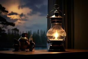 Lantern on the table in front of the window at sunset, Picture a captivating scene with a hurricane lamp, AI Generated photo
