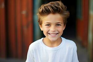 retrato de un sonriente pequeño chico en un blanco camiseta, Perfecto niños sonrisa, contento chico con hermosa blanco Leche con dientes sonrisa, ai generado foto