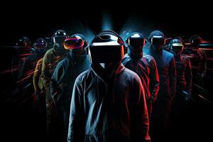 Group of people with virtual reality headset on dark background. Mixed media, People wearing VR headsets and standing, With hologram effect, full face covered with VR headset, AI Generated photo