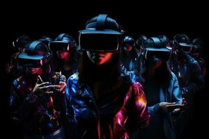 Group of young people in virtual reality headsets. Studio shot on black background, People wearing VR headsets and standing, With hologram effect, full face covered with VR headset, AI Generated photo