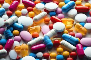 Colorful pills on black background. Focus on foreground, soft bokeh, Pile of colorful medicine pills and capsules in blister packs, AI Generated photo