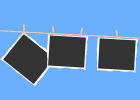 Retro photo frames hanging on rope isolated on white background vector illustration.