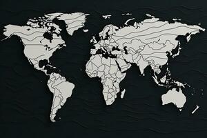 World map on a black background. World map vector illustration. World Map, Outlined map of the world, line art, black and white, AI Generated photo