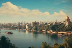 ver de el río y paisaje urbano en el mañana, India, panorama en El Cairo, paseo marítimo de Nilo río, ai generado foto