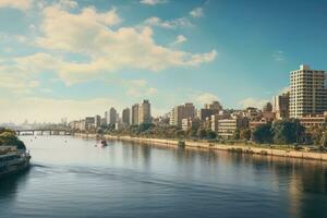 View of the Seine river and the city of Paris, France, Panorama on Cairo, seafront of Nile River, AI Generated photo