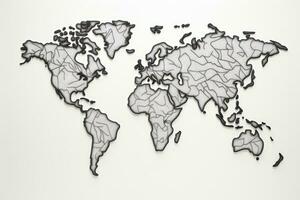 mundo mapa en un blanco antecedentes. vector ilustración. eps 10, resumido mapa de el mundo, línea arte, negro y blanco, ai generado foto