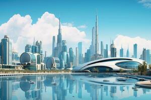 Dubai, United Arab Emirates - 3D rendering of a modern city, Panoramic view of Museum of Future and Emirates towers buildings, AI Generated photo