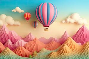 Colorful hot air balloons flying over the mountains. Paper art style, Paper art style of hot air balloon flying in the sky, AI Generated photo