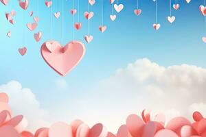 San Valentín día antecedentes con corazones y nubes 3d representación, papel Arte de corazón forma colgando desde el cielo en pastel fondo, ai generado foto