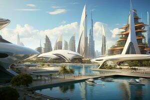 dubai centro de deportes acuáticos rascacielos dubai es el lo más rápido creciente ciudad en el mundo, panorámico ver de museo de futuro y emiratos torres edificios, ai generado foto