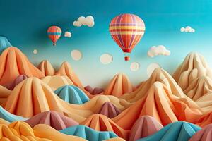 3d ilustración de vistoso montañas y caliente aire globos volador en el cielo, papel Arte estilo de caliente aire globo volador en el cielo, ai generado foto