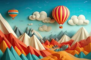 vistoso papel Arte paisaje con caliente aire globo volador terminado el montañas, papel Arte estilo de caliente aire globo volador en el cielo, ai generado foto