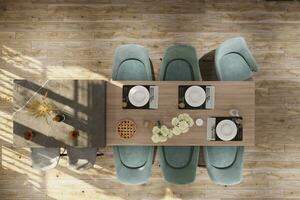 Top view of the modern minimalist dining room. 3D rendering photo