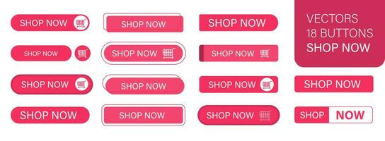 The Shop Now is a set of simple modern buttons. Push button for an application, advertisement, store or website. Various icons for your product. vector