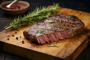 A la parrilla carne de vaca filete con Romero y especias en de madera corte junta, pedazo de grupa filete en corte junta, cerca arriba, ai generado foto