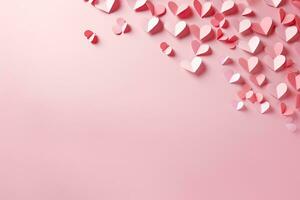 Valentine's day background with pink paper hearts on pink background, Paper pink hearts fly on soft pink color background, border, copy space, AI Generated photo