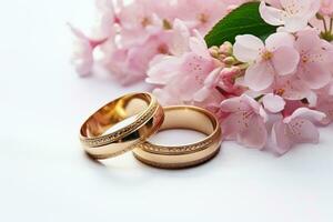 Wedding rings and cherry blossoms on a white background, Pink flowers and two golden wedding rings on white background, AI Generated photo