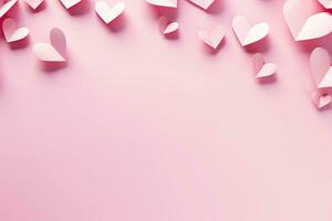 San Valentín día antecedentes con rosado papel corazones. 3d representación, papel rosado corazones mosca en suave rosado color fondo, borde, Copiar espacio, ai generado foto