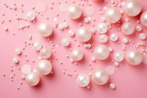 Pink pearls on pink background. Flat lay, top view, Pearl confetti on pink background, AI Generated photo