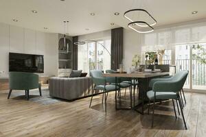 Interior design allocated in one space attached along with dining, and living area. 3D rendering photo