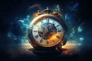 Time concept with vintage alarm clock against space background. 3D rendering, Passage of time with clock in space, AI Generated photo