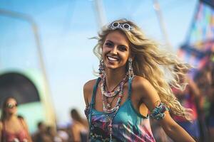 retrato de contento joven mujer con amigos a música festival en fondo, fiesta niña teniendo divertido en festival, gente en música festival en el verano, ai generado foto