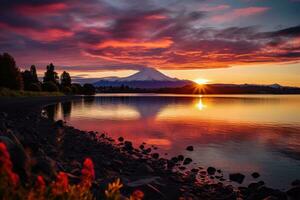 Mt Fuji at Kawaguchiko lake at sunset, Japan, Picturesque sunset over Tongariro river and lake Taupo, AI Generated photo