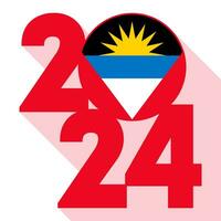 Happy New Year 2024, long shadow banner with Antigua and Barbuda flag inside. Vector illustration.