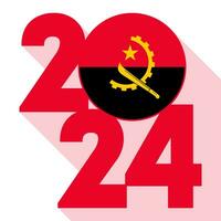 Happy New Year 2024, long shadow banner with Angola flag inside. Vector illustration.