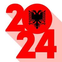 Happy New Year 2024 long shadow banner with Albania flag inside. Vector illustration.